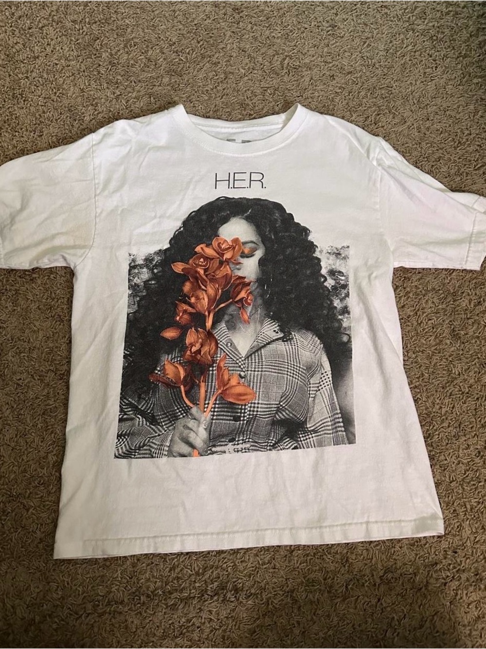 H.E.R. Graphic White Tee with Orange Floral Print